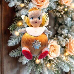 Vintage 1960s Pink Satin Ball Angel Ornament Foil Wings Spun Cotton Composite v5